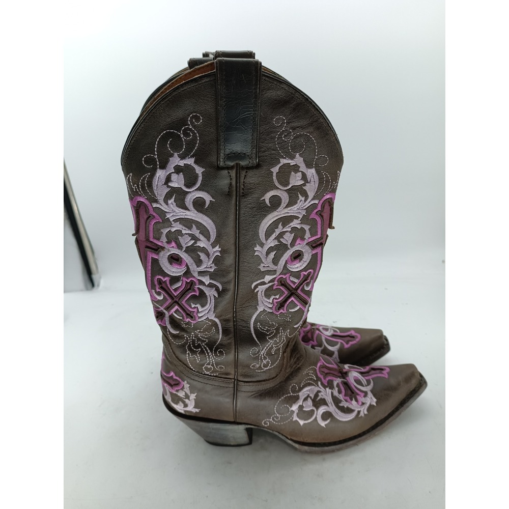 Womens JUSTIN Sepia Calf Cowboy Boots Size 7.5 B Purple Cross  L 4350 s7 - Picture 3 of 7
